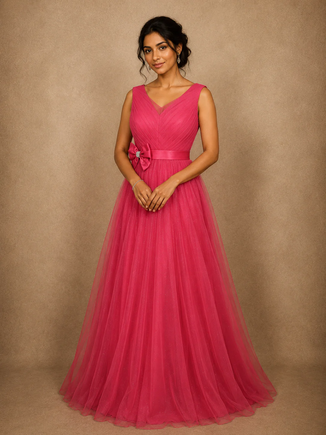 Coral Pink Pleated Design Net Party Wear Gown with Bow Waist Detail